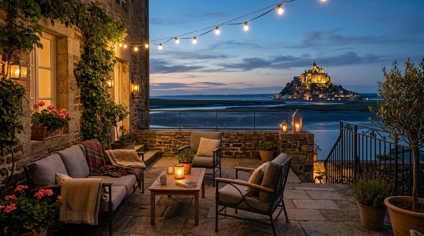 Terrasse d'un hébergement de charme avec vue sur le Mont-Saint-Michel illuminé au crépuscule