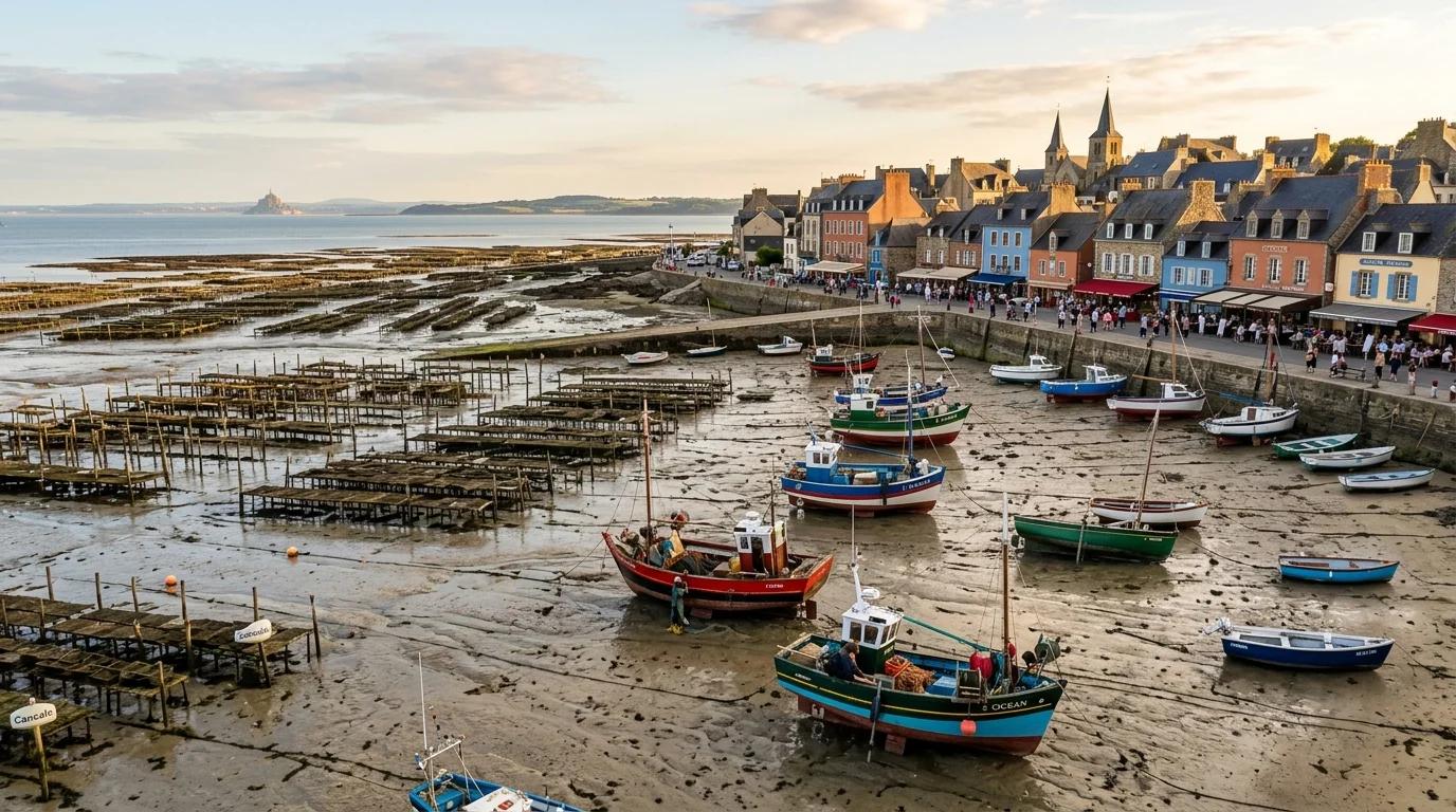 Le port de la Houle à Cancale à marée basse avec ses parcs à huîtres