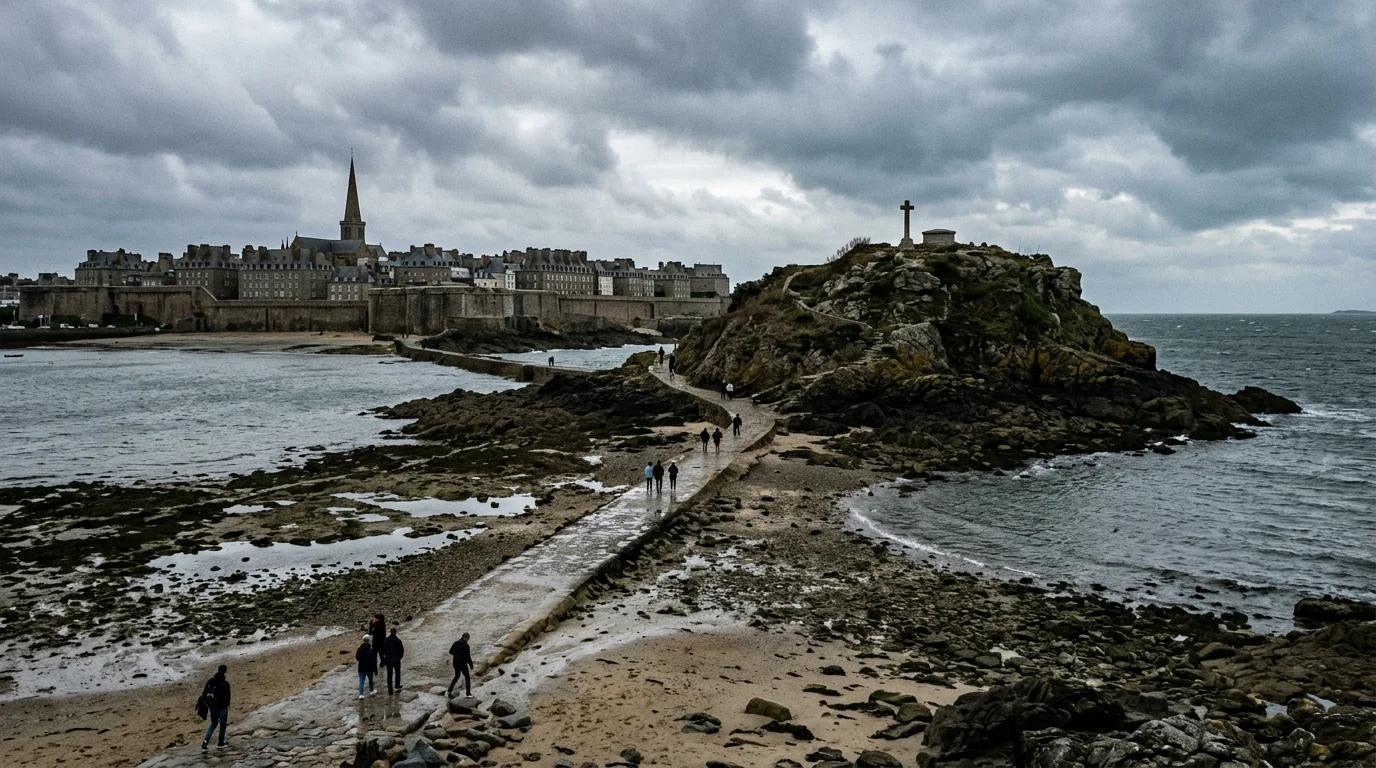 Grand Bé depuis la grève à marée basse, remparts de Saint-Malo en arrière-plan