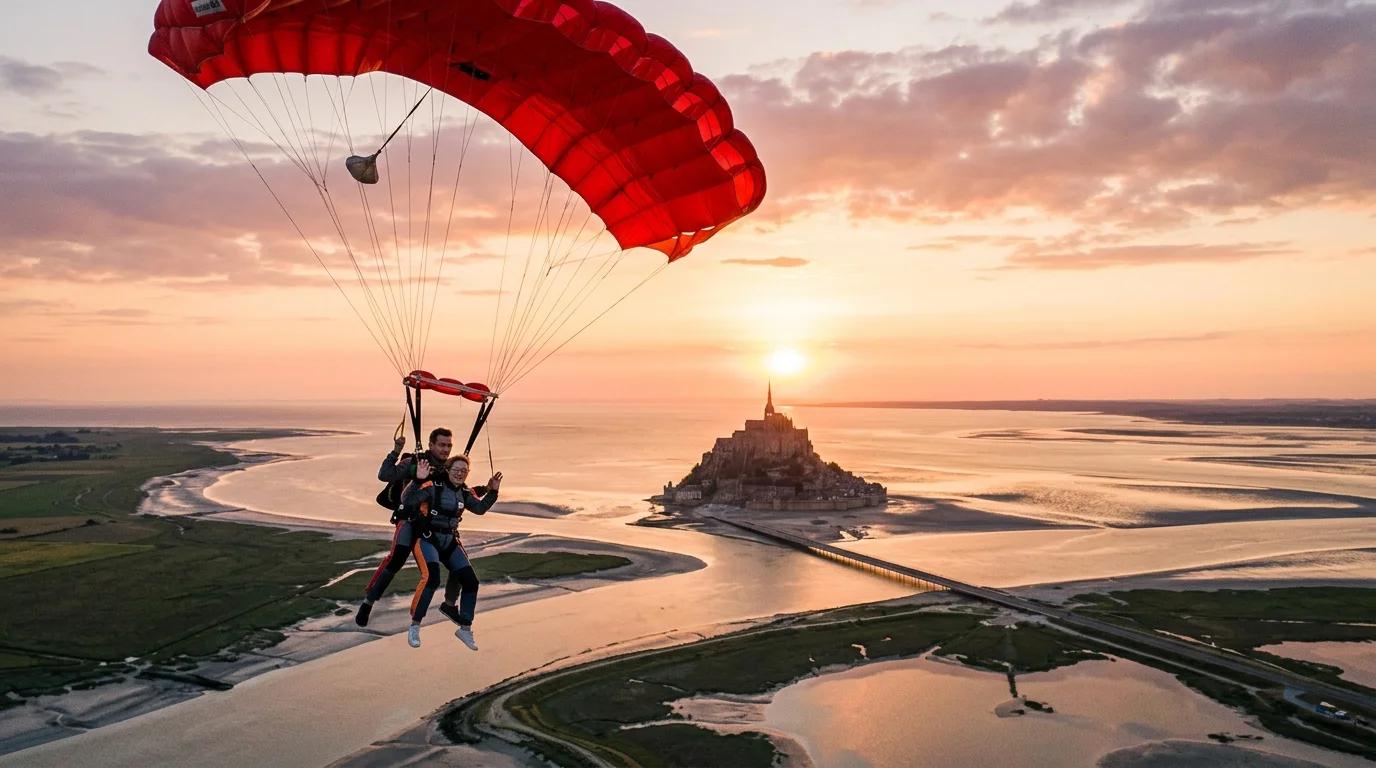 Saut en tandem sous voile rouge au-dessus de la baie du Mont-Saint-Michel au coucher du soleil