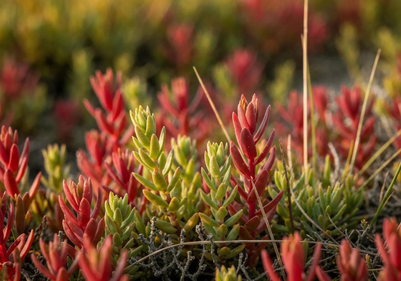 Salicornes et plantes halophytes dans les prés salés de la Baie du Mont-Saint-Michel en automne, Normandie
