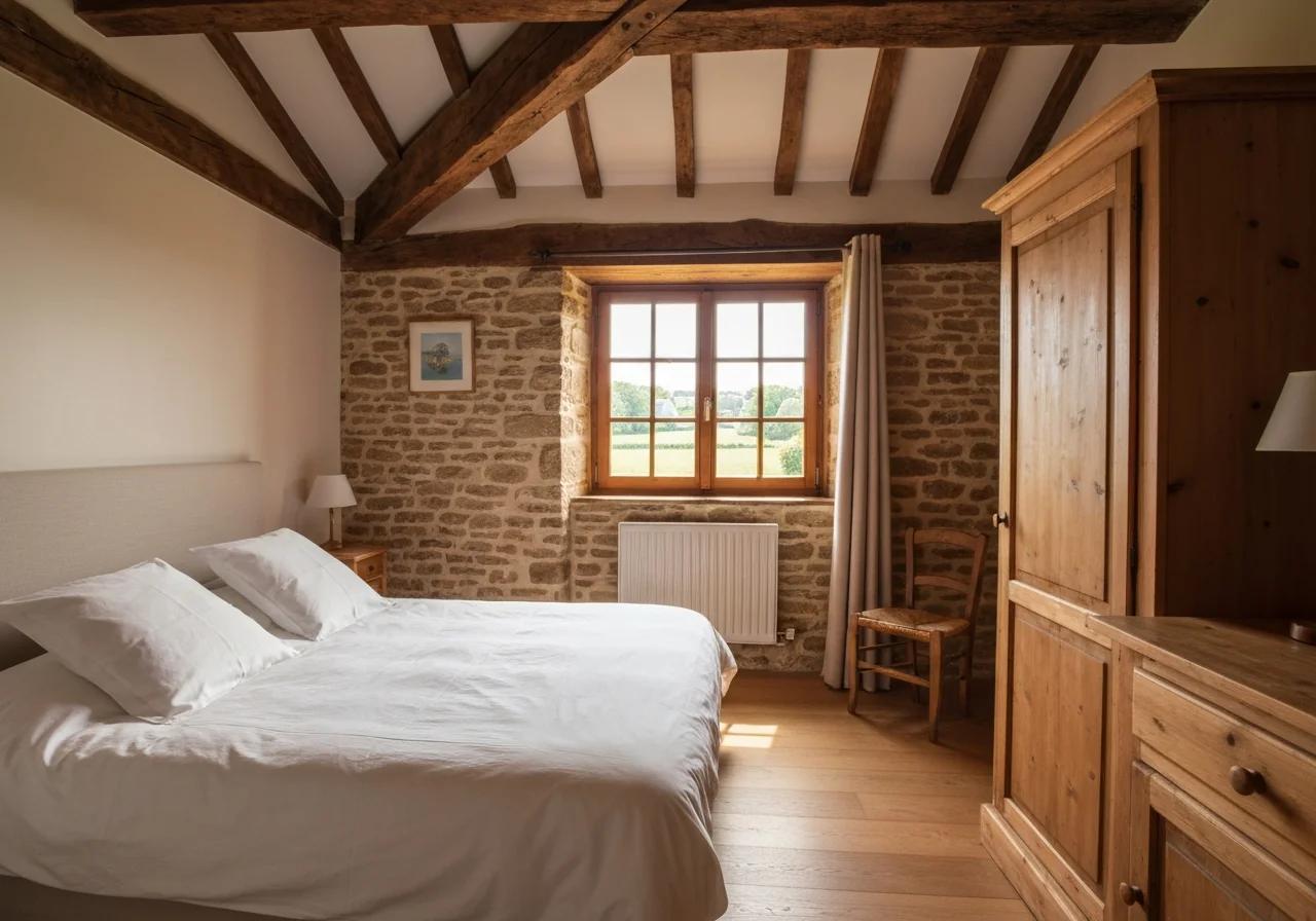 Chambre de gîte normand avec poutres apparentes, linge blanc et fenêtre donnant sur la campagne, Normandie