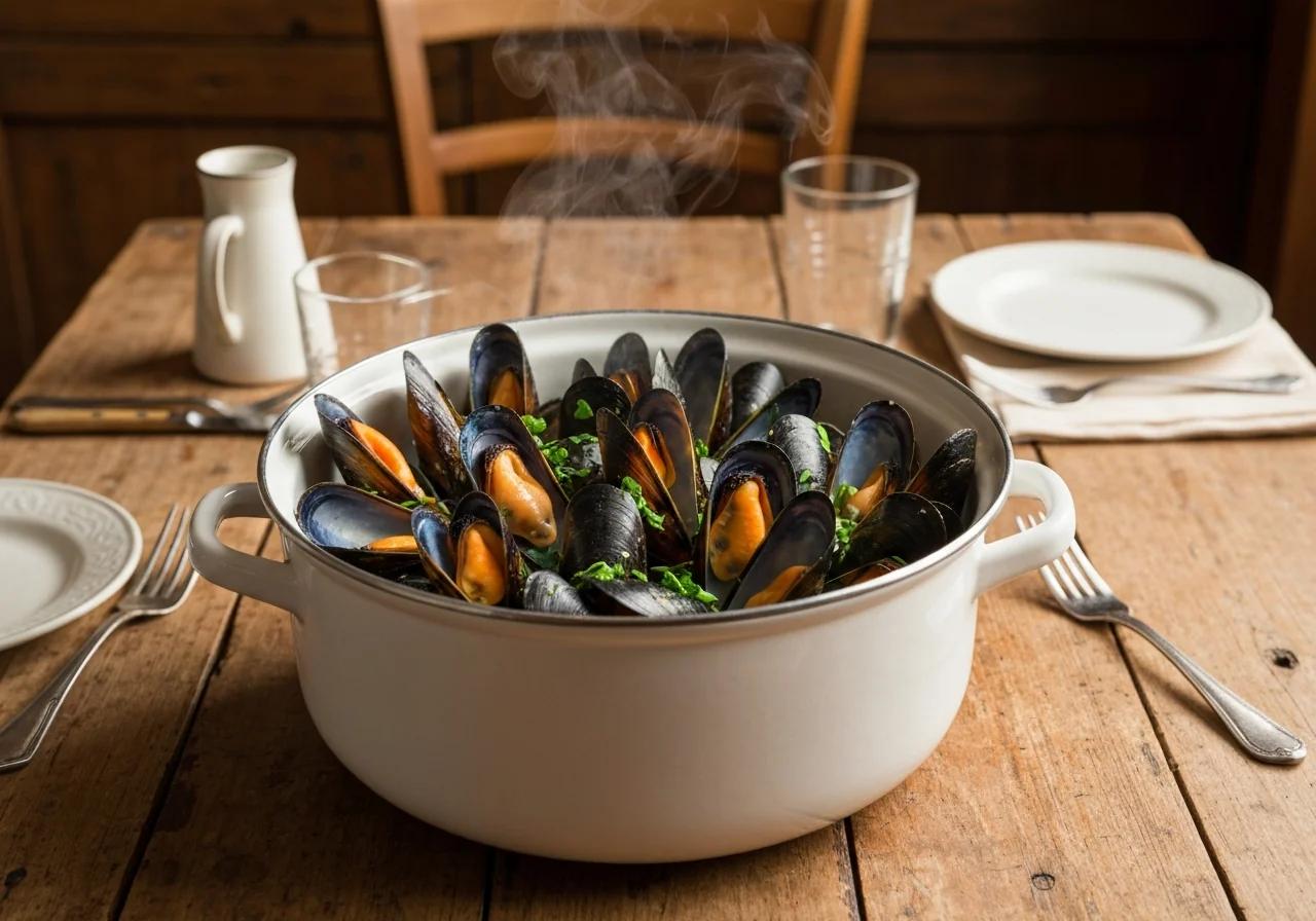 Moules de bouchot fraîches dans leur casserole avec fines herbes, restaurant normand, Normandie