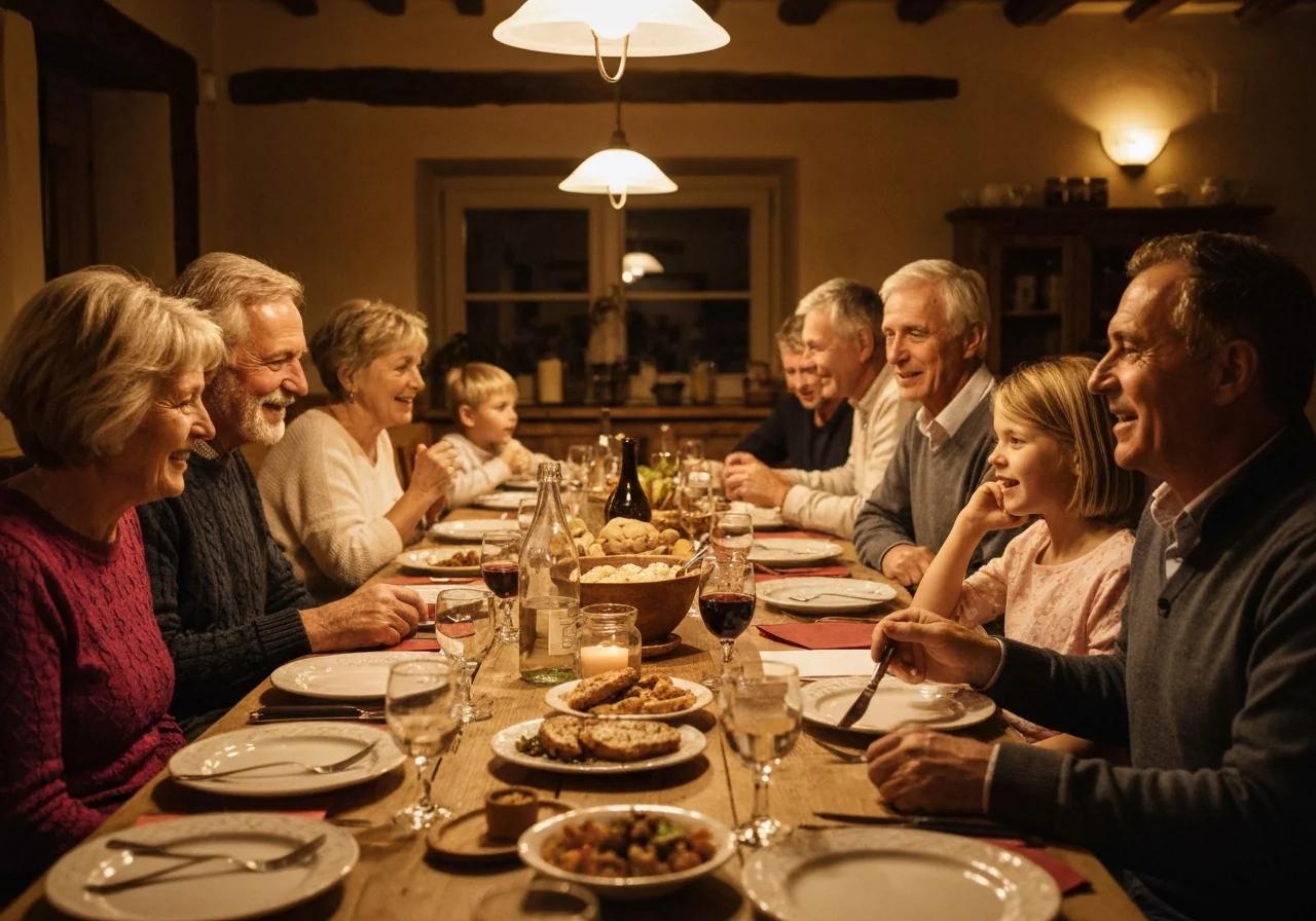 Grande tablée familiale dans une auberge normande avec plusieurs générations partageant un repas, Normandie