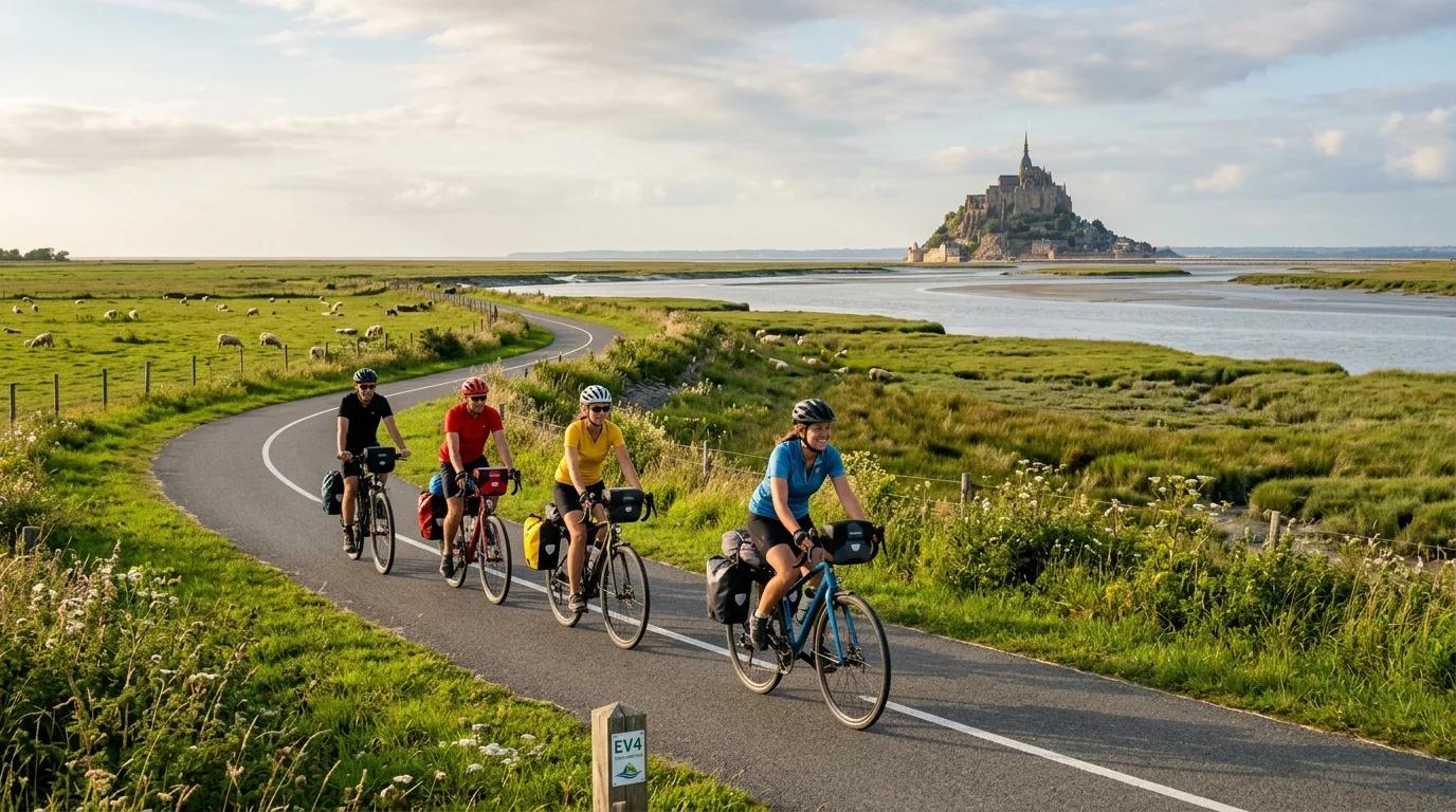 Cyclistes sur la Vélomaritime longeant la baie avec le Mont-Saint-Michel à l'horizon
