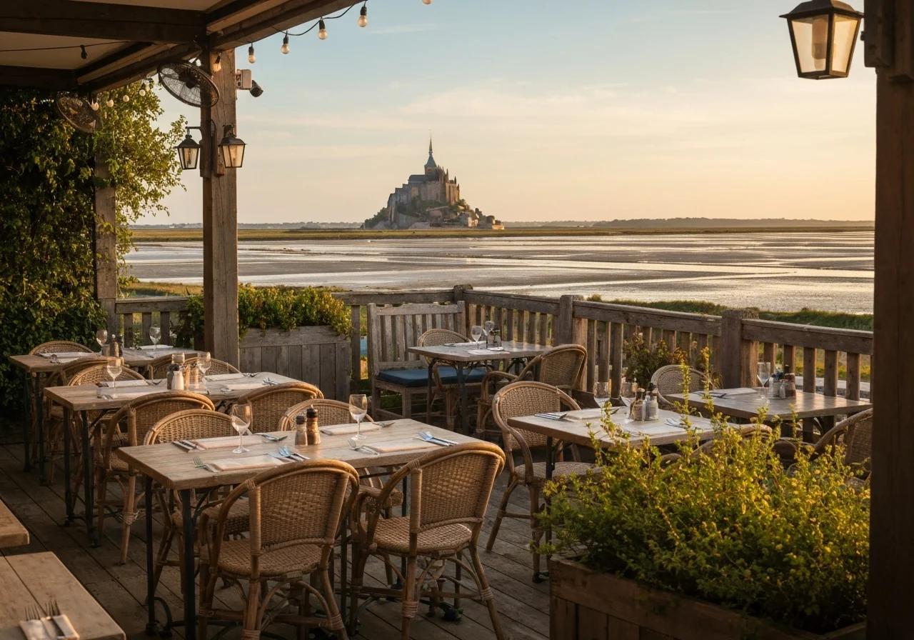 Terrasse extérieure d'un restaurant à Beauvoir avec vue directe sur le Mont-Saint-Michel à l'heure dorée, Normandie