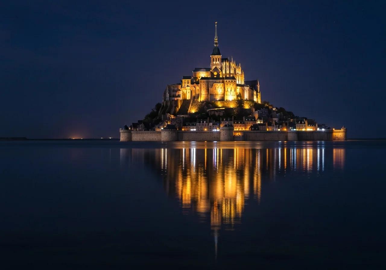 Vue nocturne du Mont-Saint-Michel illuminé reflété dans les eaux calmes de la Baie, Normandie