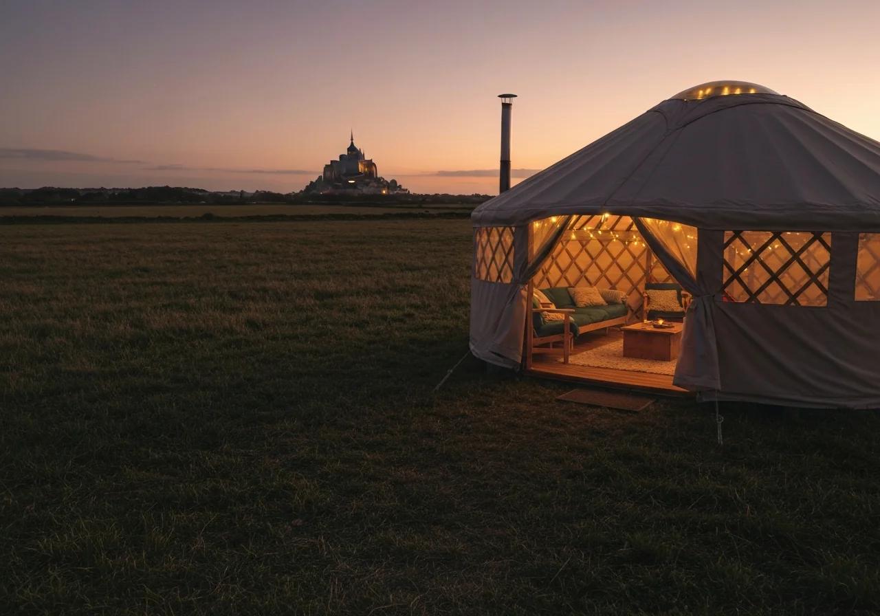 Yourte de glamping avec vue sur la silhouette du Mont-Saint-Michel au crépuscule, Normandie