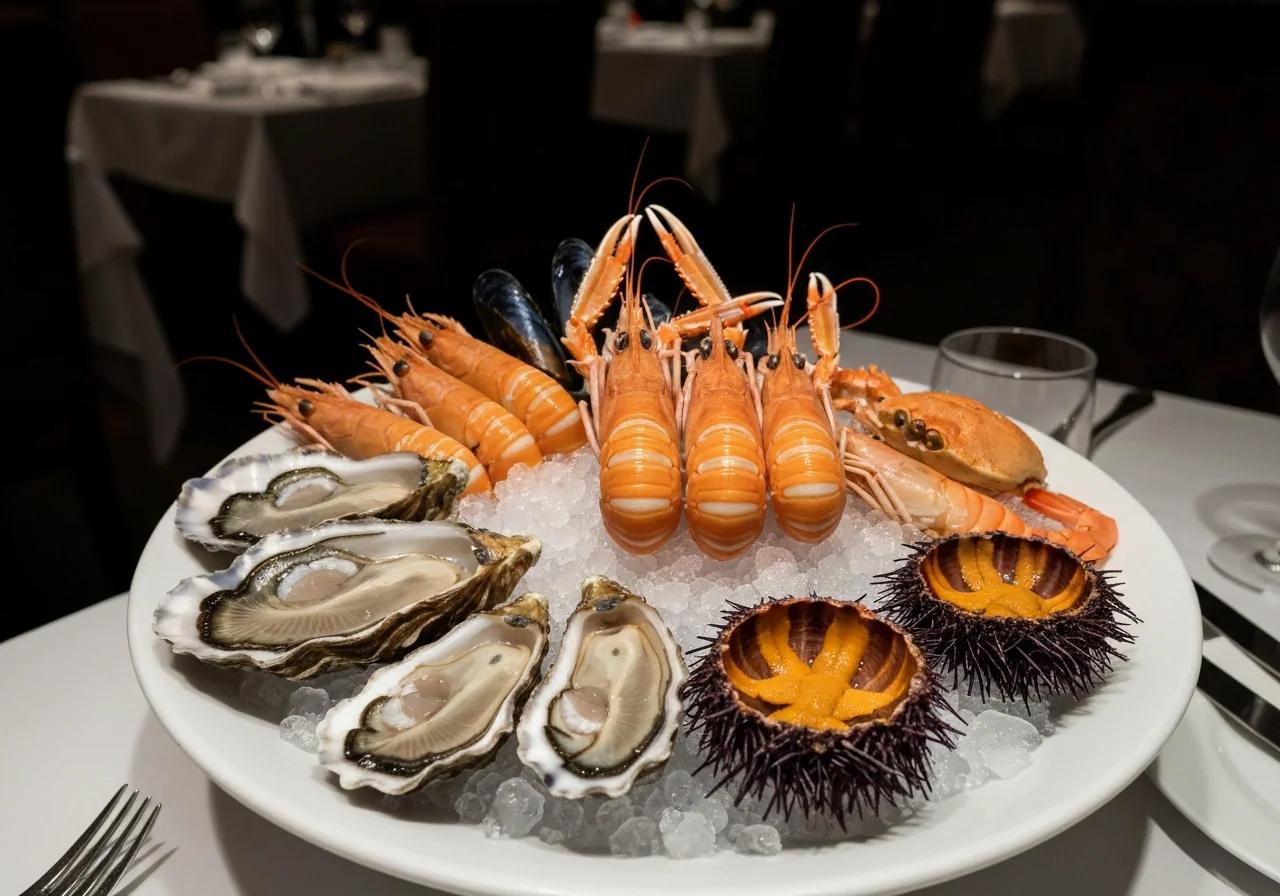 Plateau classique de fruits de mer avec huîtres, langoustines, crevettes, bulots et crabe sur lit de glace, restaurant normand
