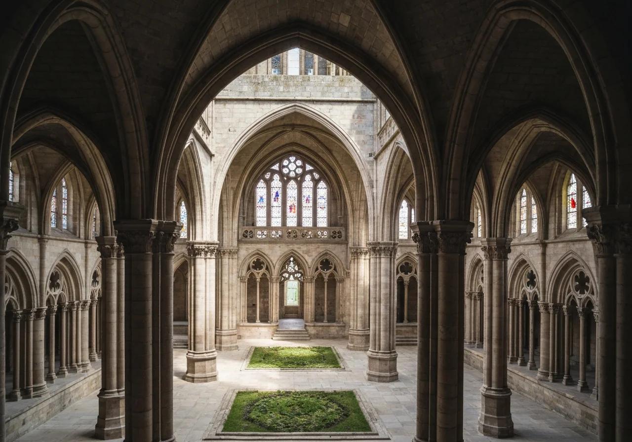 Intérieur de l'abbaye du Mont-Saint-Michel avec ses arches gothiques et colonnes médiévales, Normandie