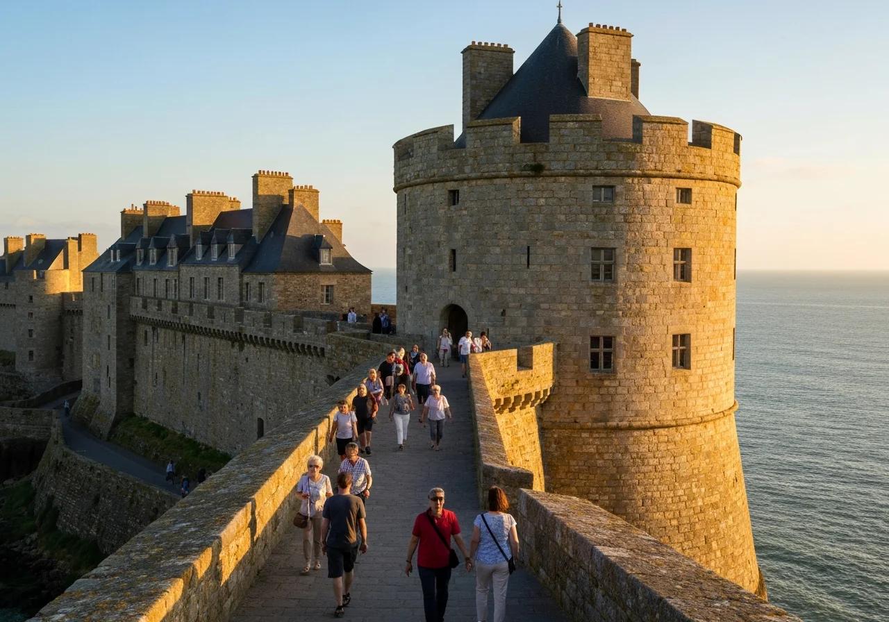 Remparts médiévaux de Saint-Malo intra-muros avec vue sur la mer, Bretagne