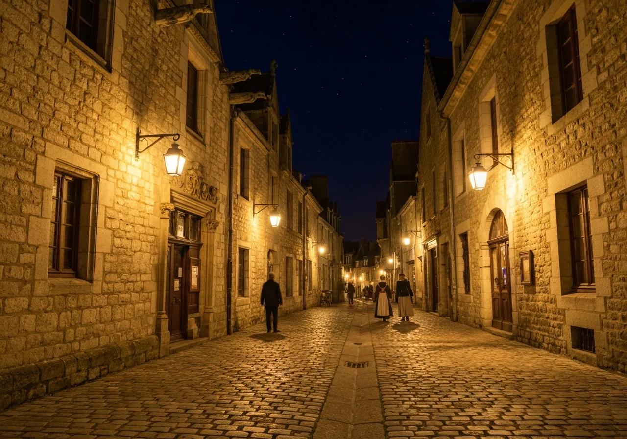 Ruelle médiévale du Mont-Saint-Michel la nuit avec lanternes et pierres éclairées, ambiance magique, Normandie