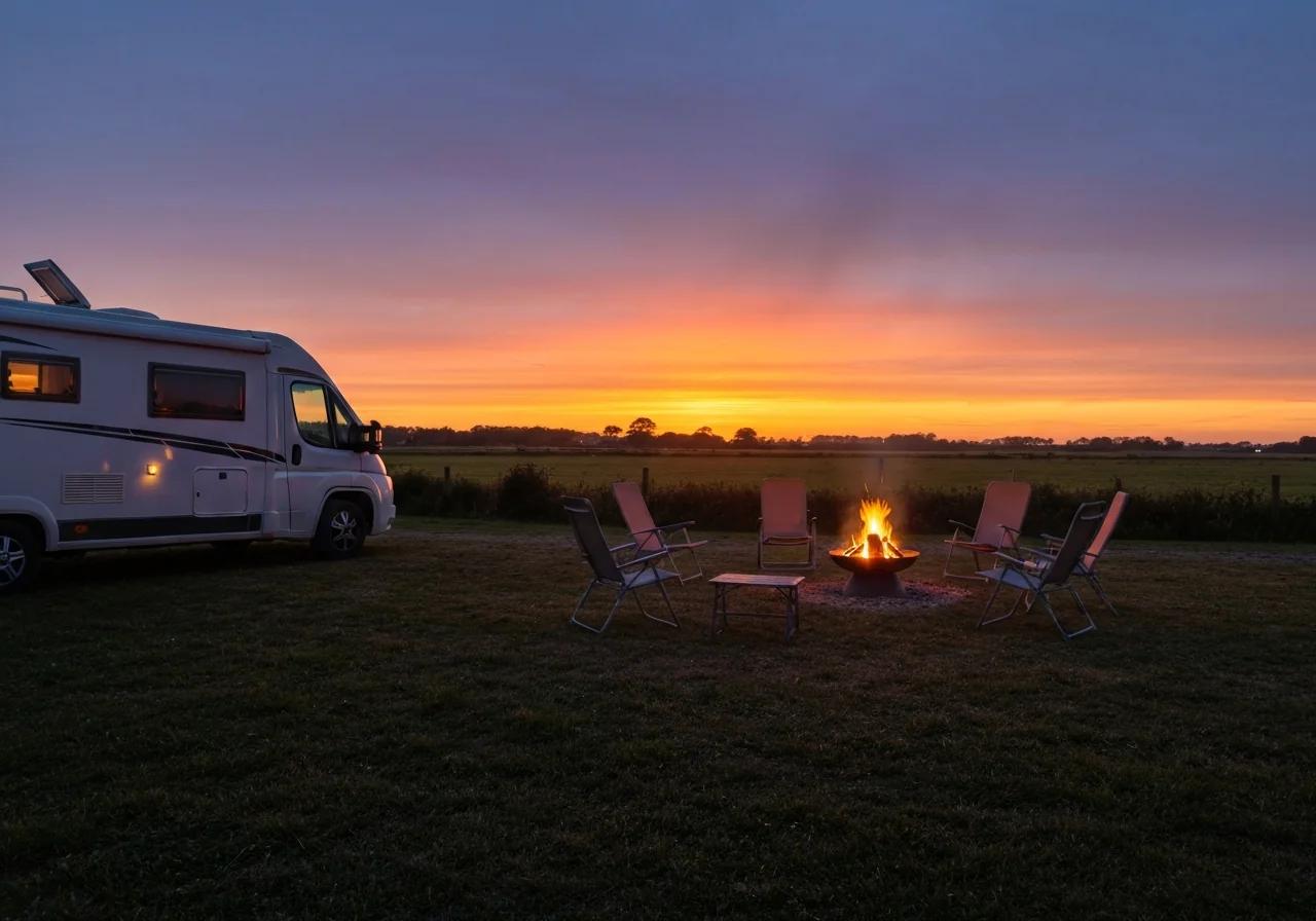 Camping-car stationné au camping de la Baie du Mont-Saint-Michel au crépuscule, feu de camp allumé, Normandie