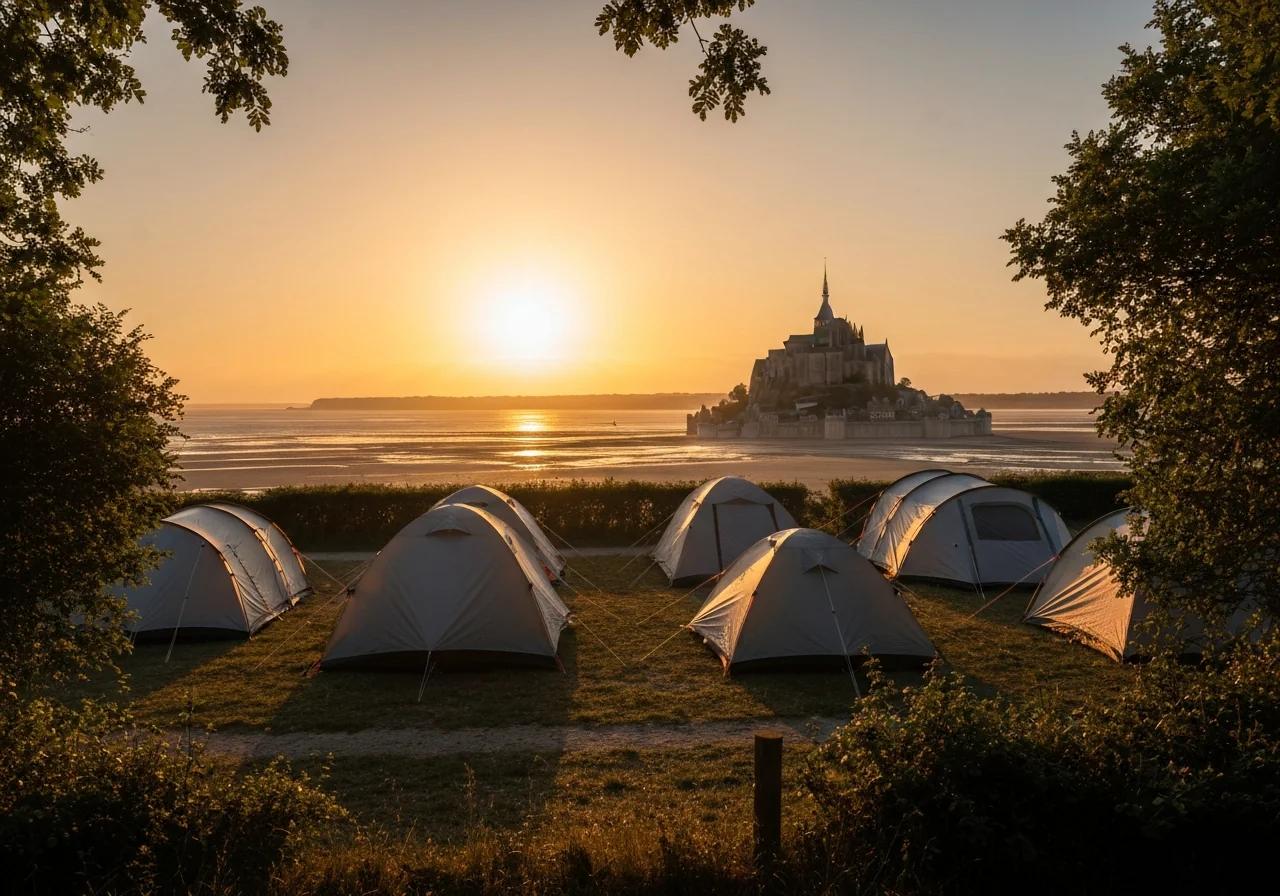 Camping au bord de la Baie du Mont-Saint-Michel au coucher du soleil avec tentes plantées face à la vue, Normandie