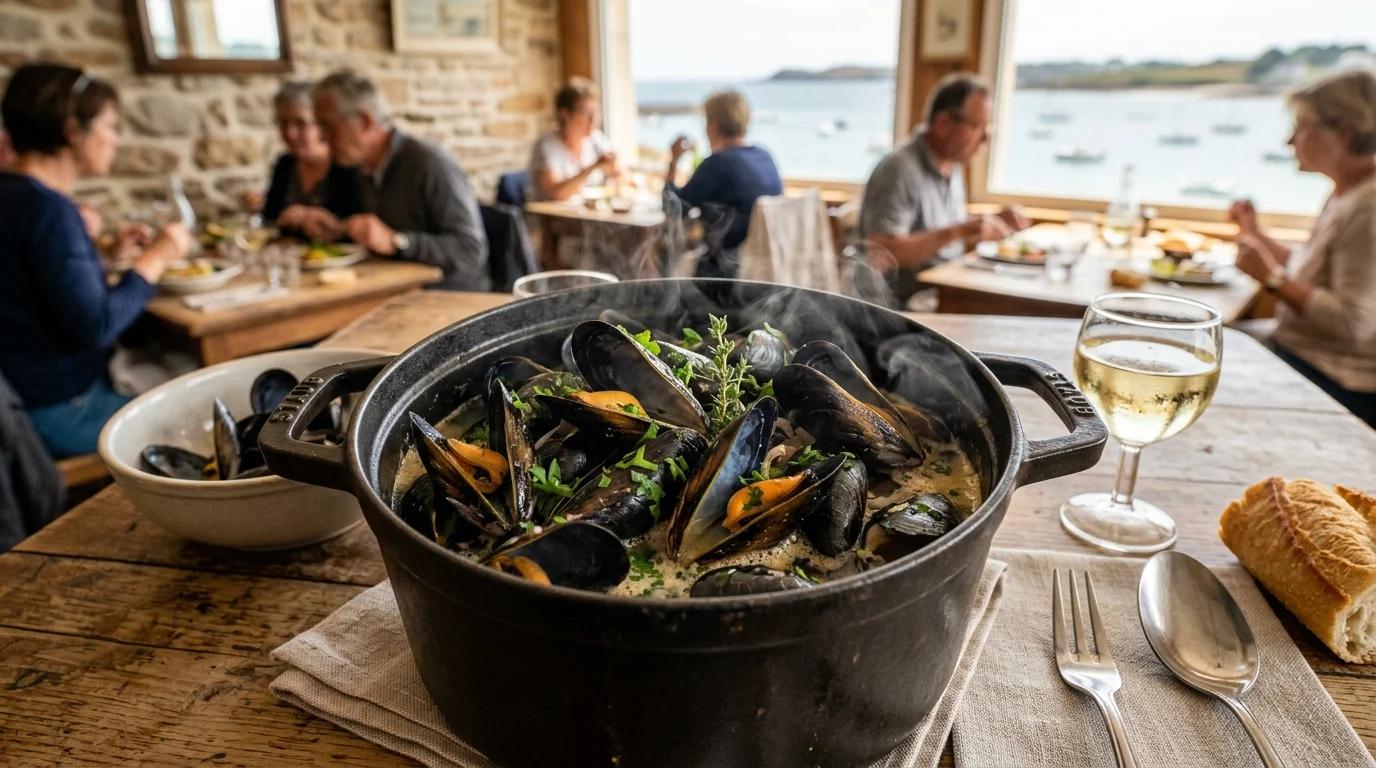 Marmite de moules de bouchot servie dans un restaurant face à la baie