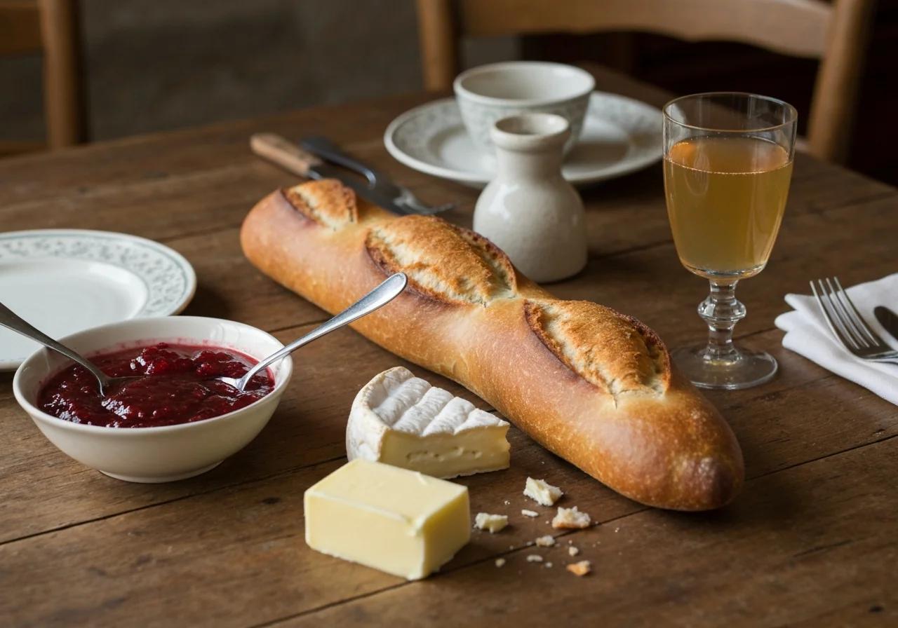 Table de petit-déjeuner normand avec baguette fraîche, confiture maison, camembert, cidre et beurre salé