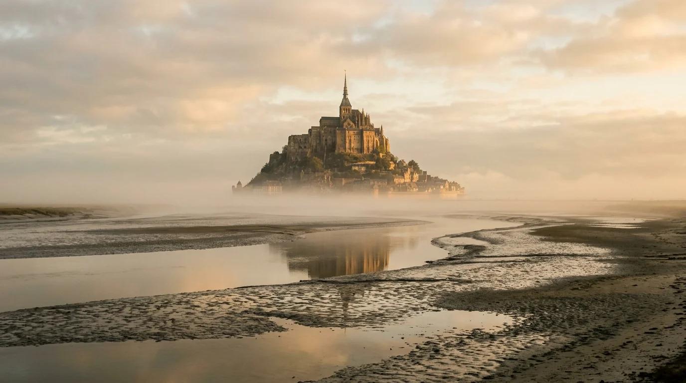 Le Mont-Saint-Michel émergeant de la brume matinale d'automne