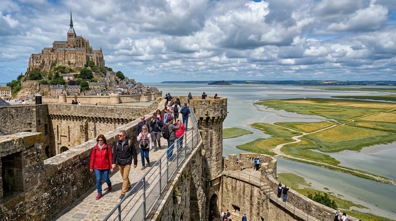 Visiteurs sur les remparts du Mont-Saint-Michel avec vue panoramique sur la baie