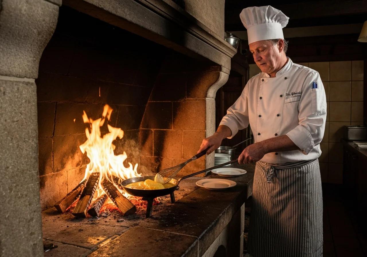 Omelette de La Mère Poulard préparée dans la longue poêle au feu de bois, spectacle culinaire, Mont-Saint-Michel