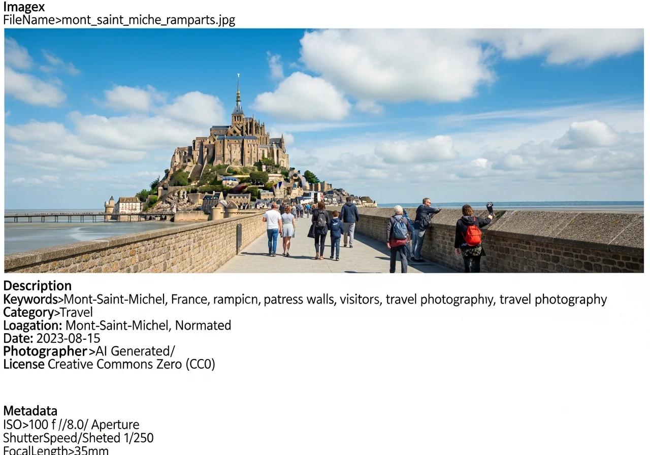 Remparts du Mont-Saint-Michel avec vue panoramique sur la Baie, touristes en visite, Normandie