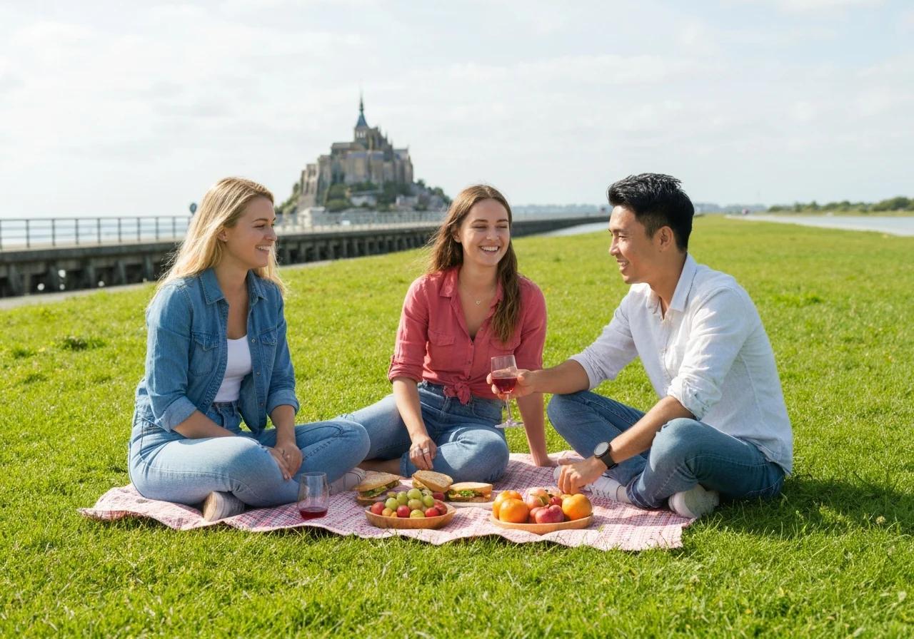 Jeunes voyageurs pique-niquant sur la digue face au Mont-Saint-Michel, solution économique Normandie