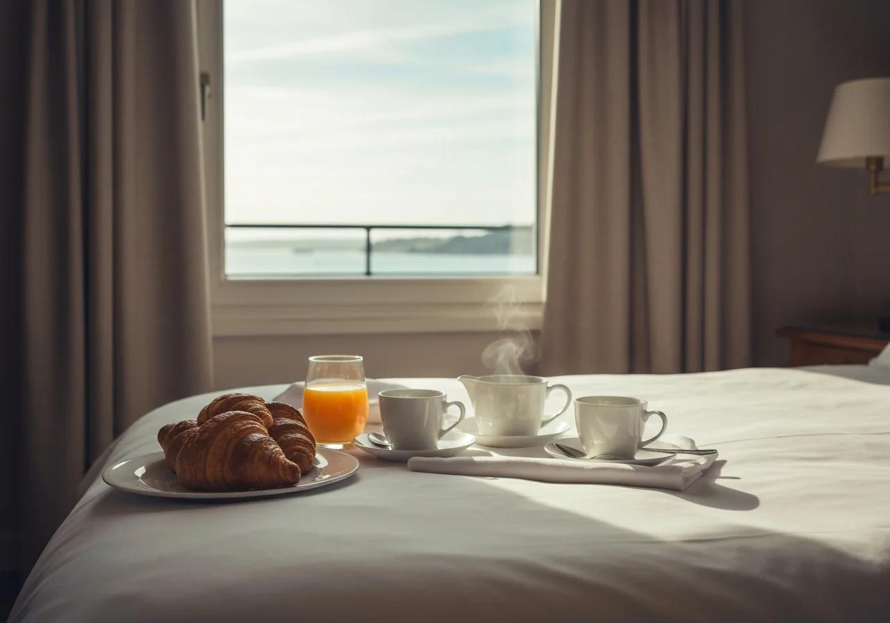 Table de petit-déjeuner romantique en chambre d'hôtel avec croissants et café face à la vue, Normandie