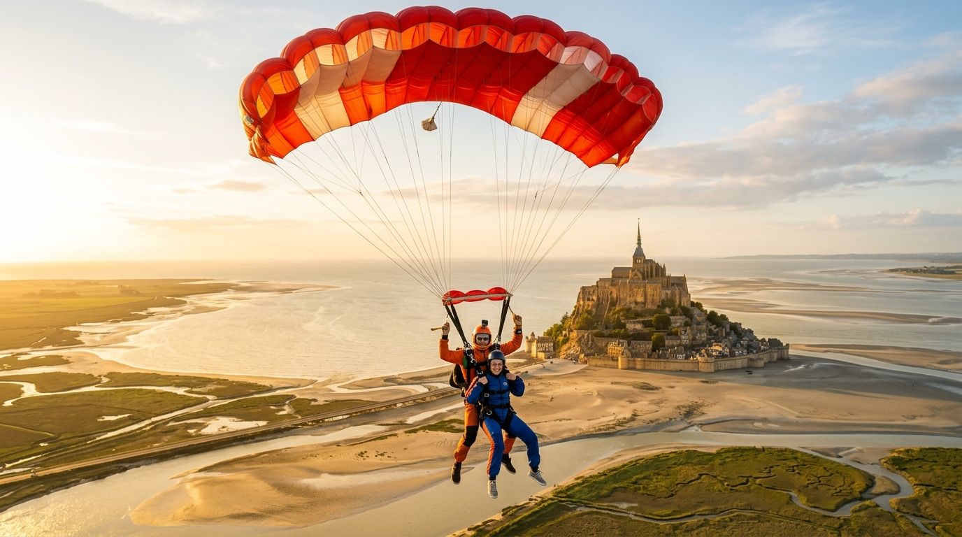 Parachutistes en tandem sous voile rouge avec le Mont-Saint-Michel au coucher du soleil