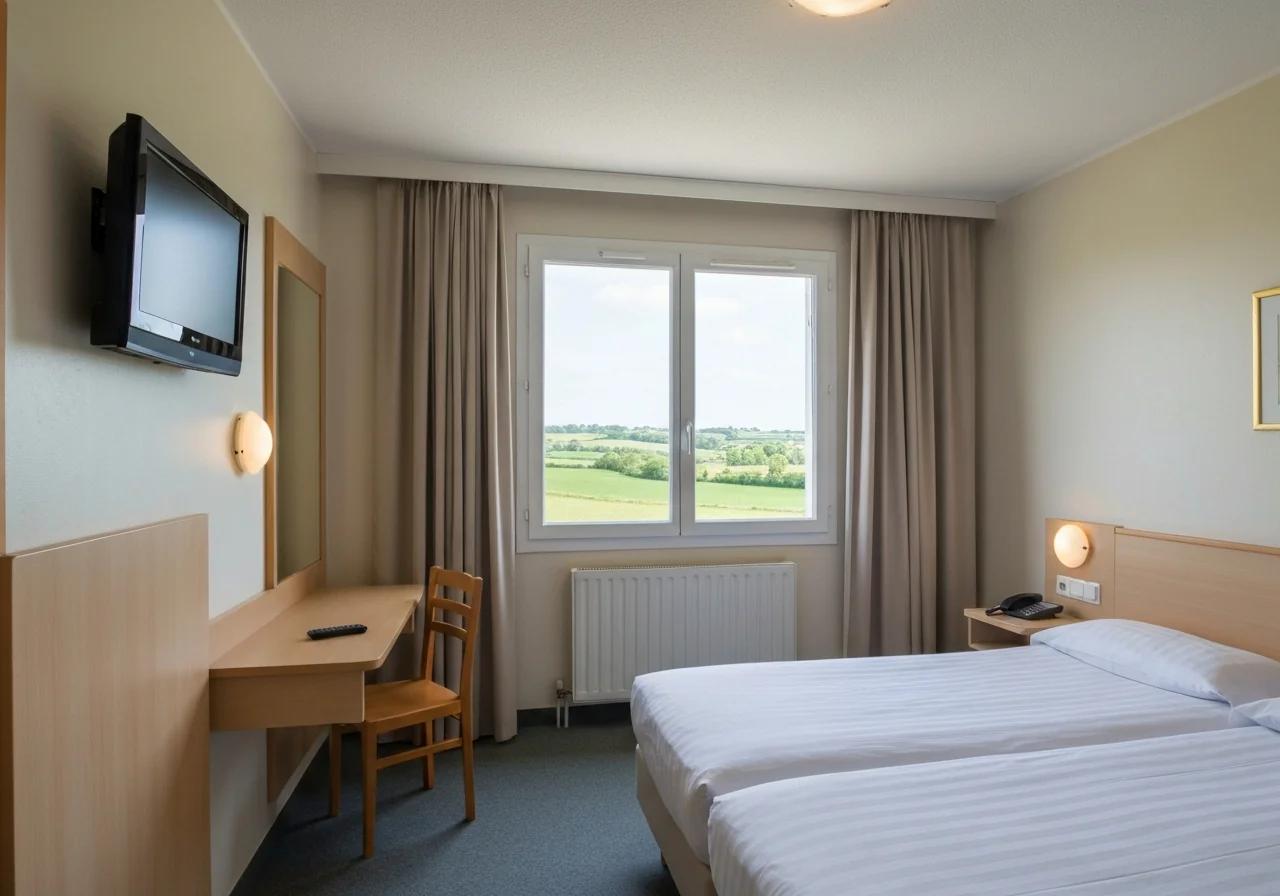 Chambre simple et propre d'hôtel budget à Avranches ou Pontorson avec vue sur la campagne normande