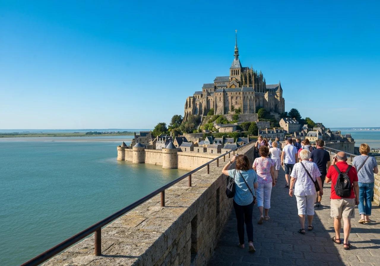 Visiteurs explorant les ruelles médiévales et les remparts du Mont-Saint-Michel, Normandie