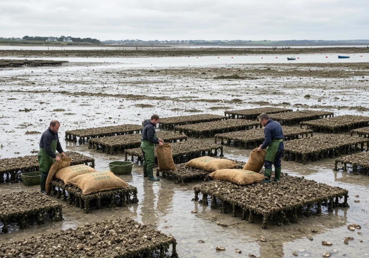 Parcs à huîtres de Cancale à marée basse avec ostréiculteurs au travail, Bretagne