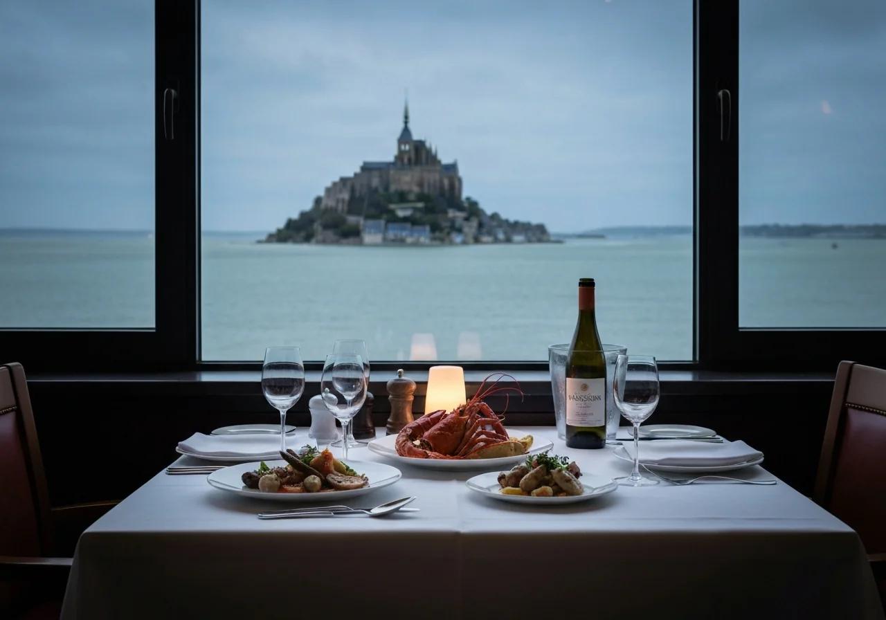 Table de restaurant face à une fenêtre panoramique avec vue sur la Baie du Mont-Saint-Michel, homard et vin blanc