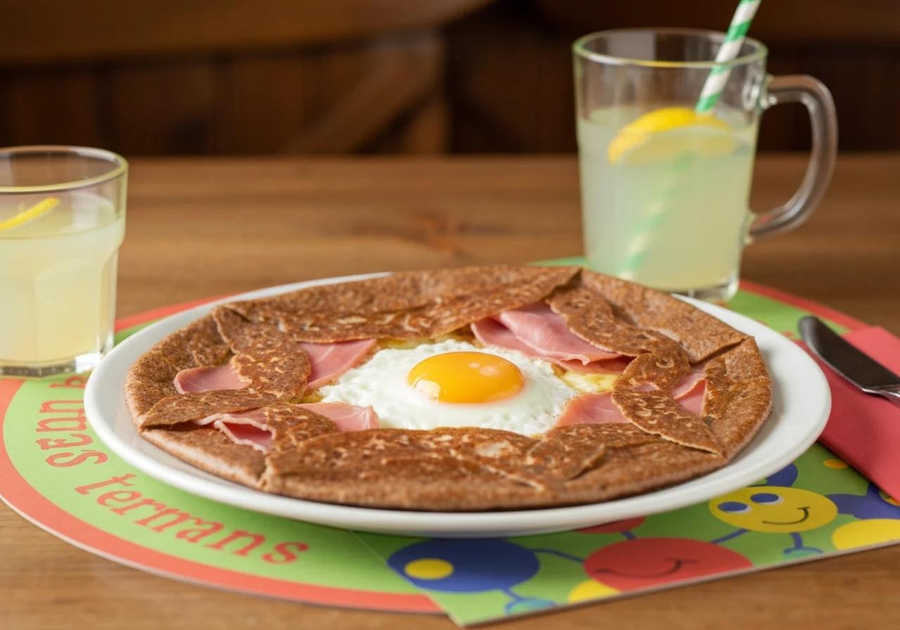 Galette de sarrasin avec œuf et jambon servie dans une crêperie bretonne, menu enfant, Normandie