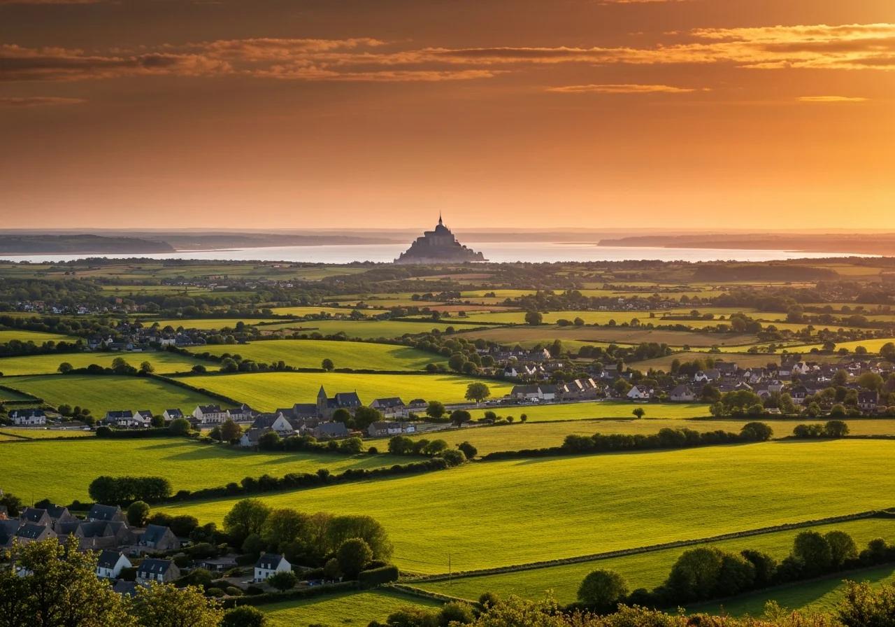 Vue panoramique depuis Avranches sur le Mont-Saint-Michel au loin dans la Baie, Normandie