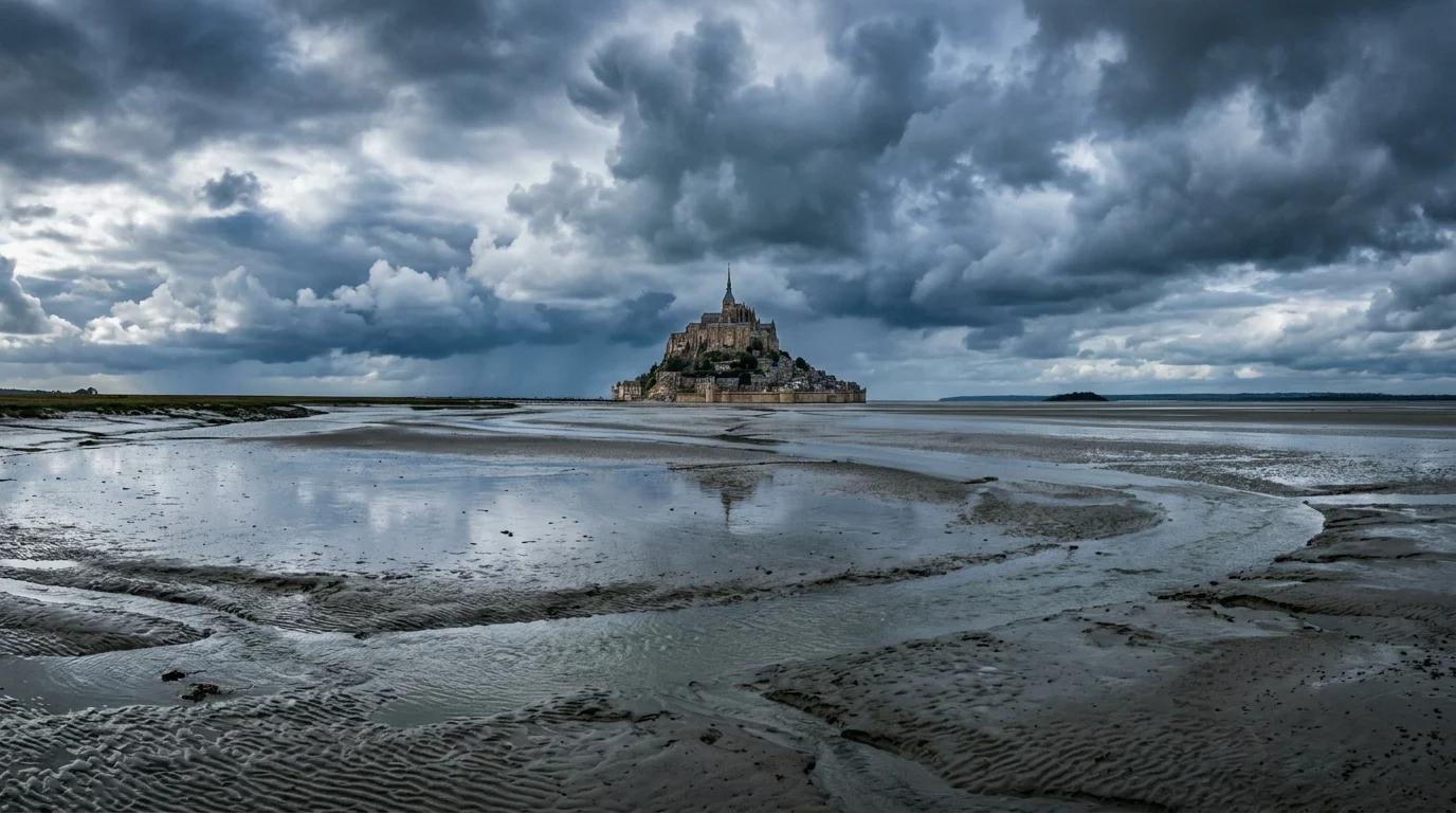 Baie du Mont-Saint-Michel à marée basse lors d'une grande marée d'équinoxe, ciel dramatique