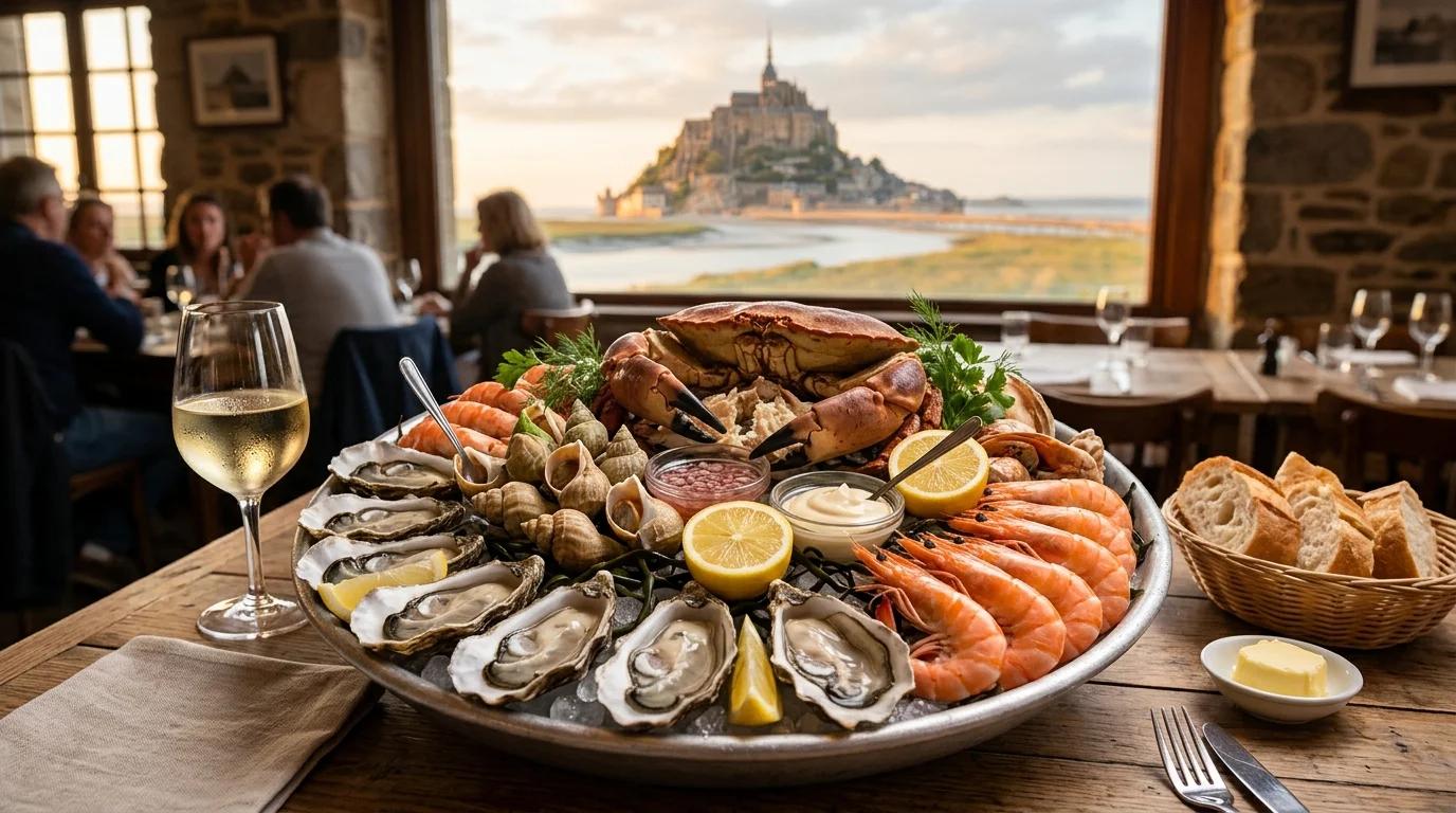 Plateau de fruits de mer servi dans un restaurant avec vue sur le Mont-Saint-Michel