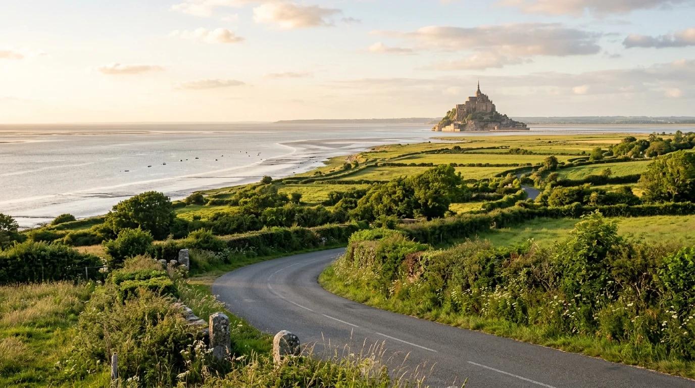 Route côtière sinueuse menant au Mont-Saint-Michel à travers les bocages et herbus de la baie, lumière de fin de journée