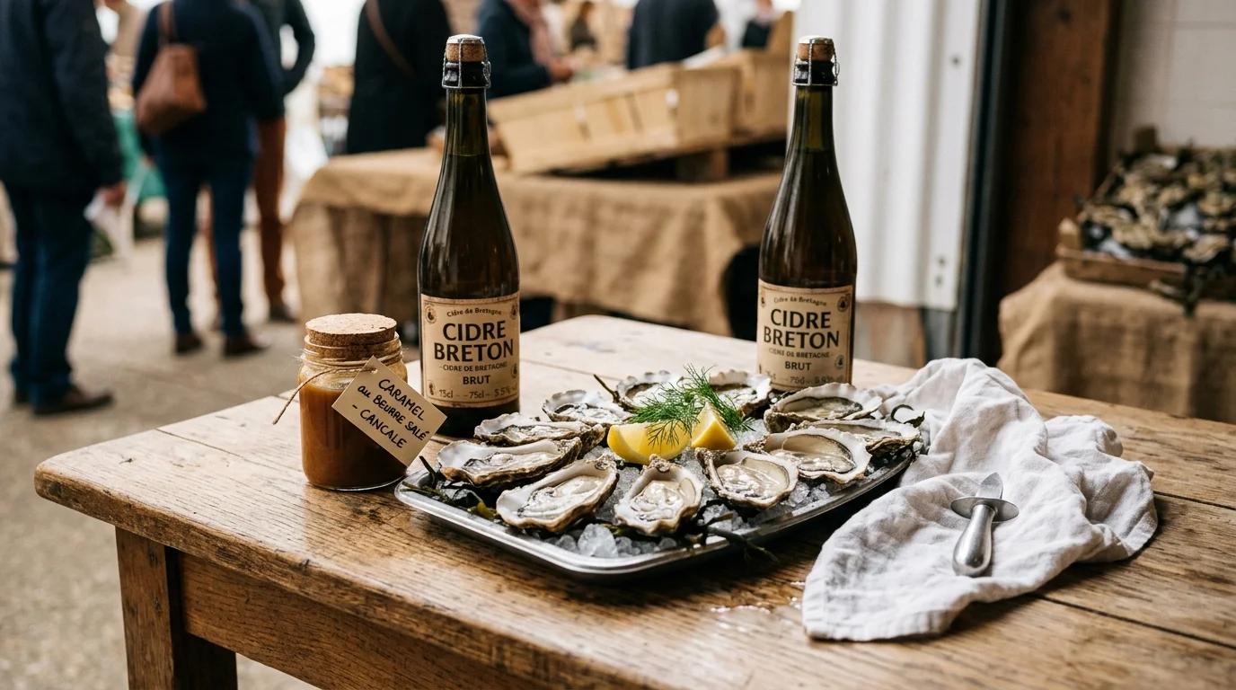 Huîtres de Cancale, caramel au beurre salé et cidre breton sur une table de marché