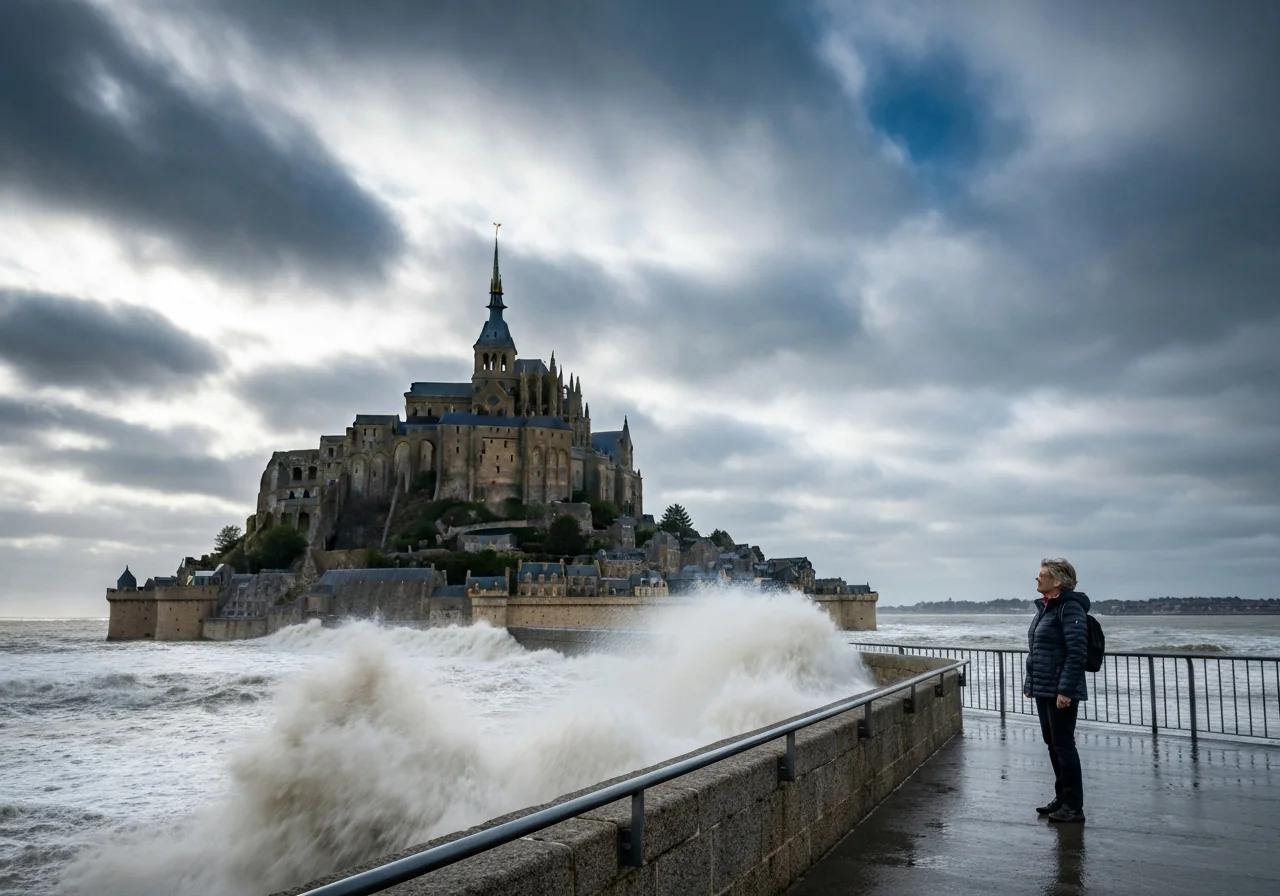 Touriste seul observant la montée des eaux autour du Mont-Saint-Michel depuis la digue, Normandie