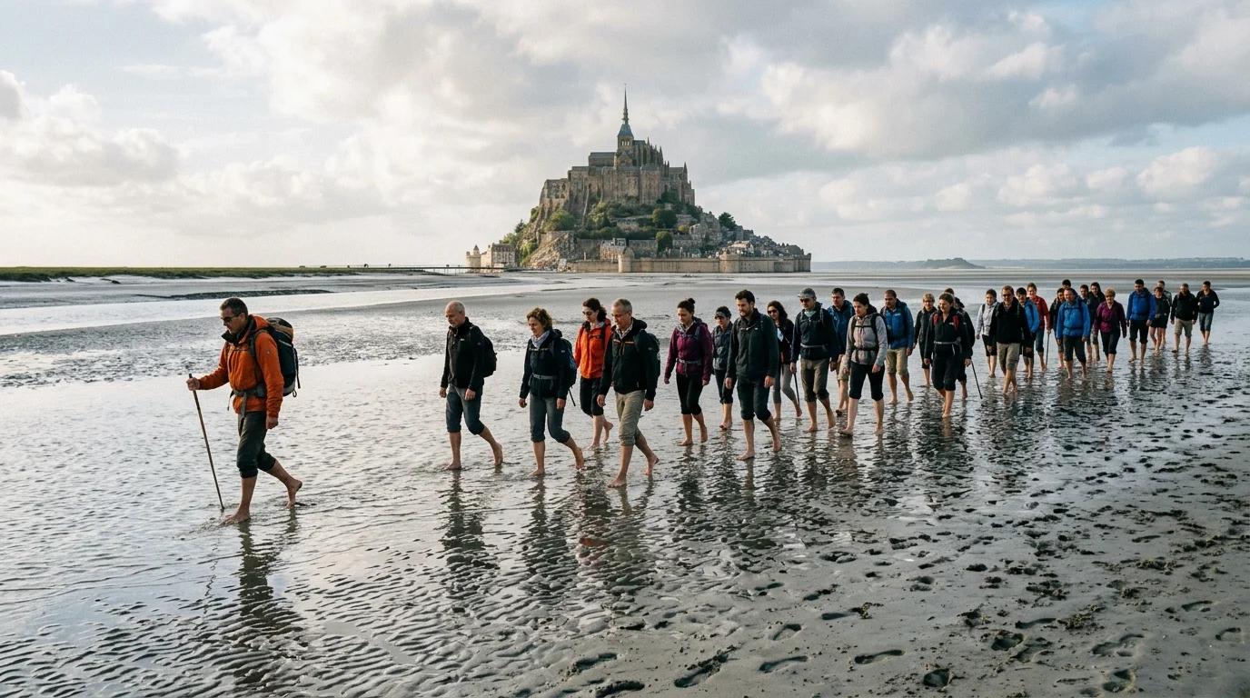 Groupe traversant la baie du Mont-Saint-Michel à pied avec un guide