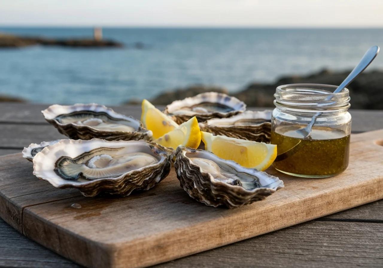 Huîtres de Cancale fraîches ouvertes sur un plateau avec citron et vinaigre à l'échalote, gastronomie bretonne