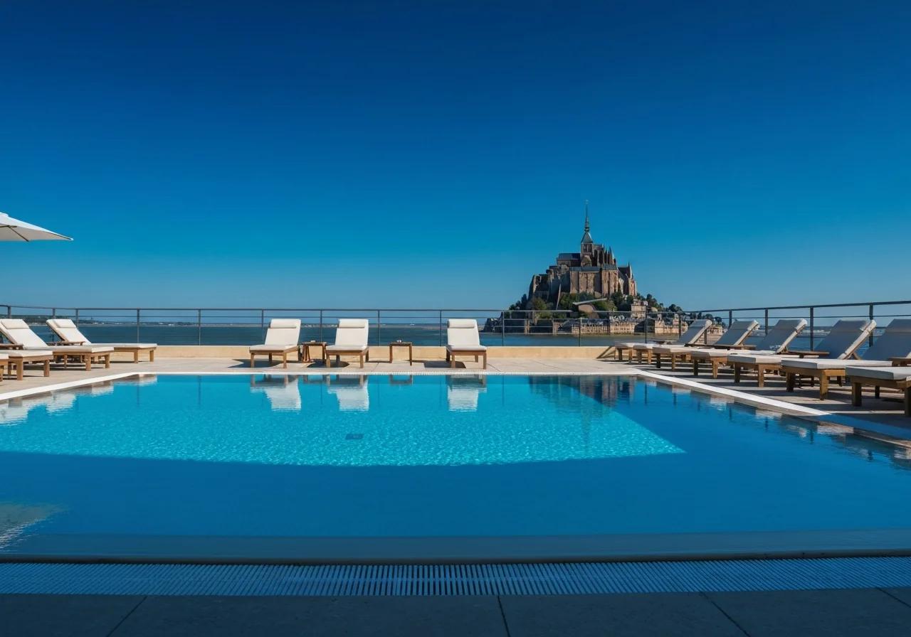 Piscine d'hôtel avec vue sur la silhouette du Mont-Saint-Michel en arrière-plan, Normandie