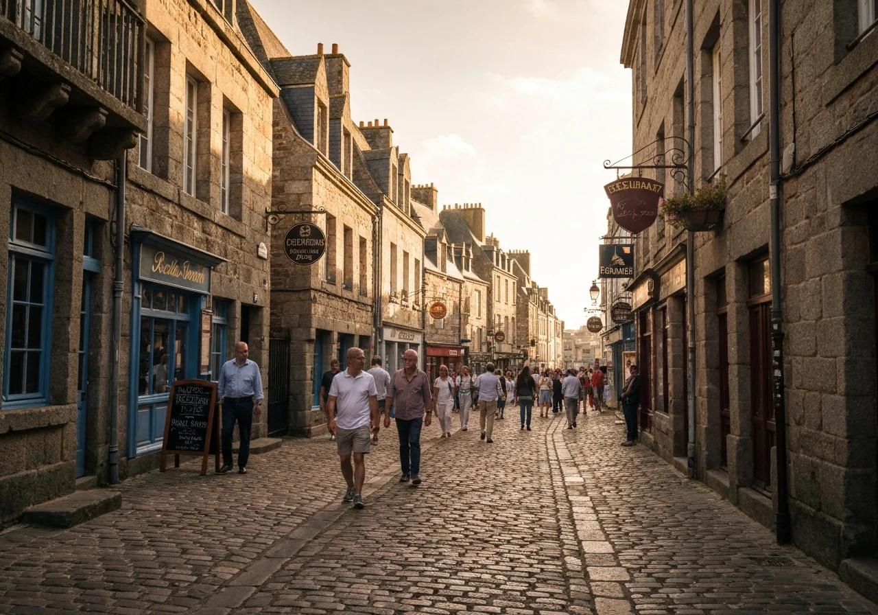 Ruelle animée de Saint-Malo intra-muros avec enseignes de restaurants, pierres de granit, ambiance bretonne