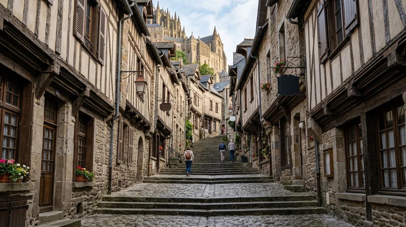 La Grande Rue médiévale du Mont-Saint-Michel montant vers l'abbaye