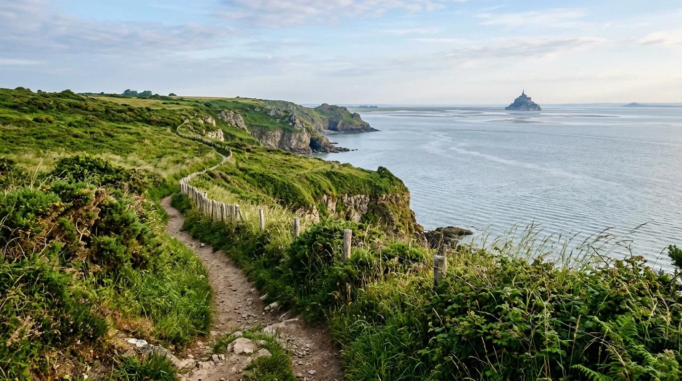 Sentier de randonnée GR34 longeant la baie du Mont-Saint-Michel avec l'abbaye à l'horizon