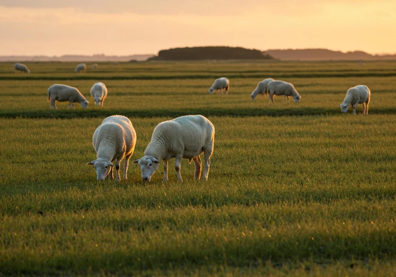 Moutons pré-salés paissant dans les herbus de la Baie du Mont-Saint-Michel au coucher du soleil, Normandie