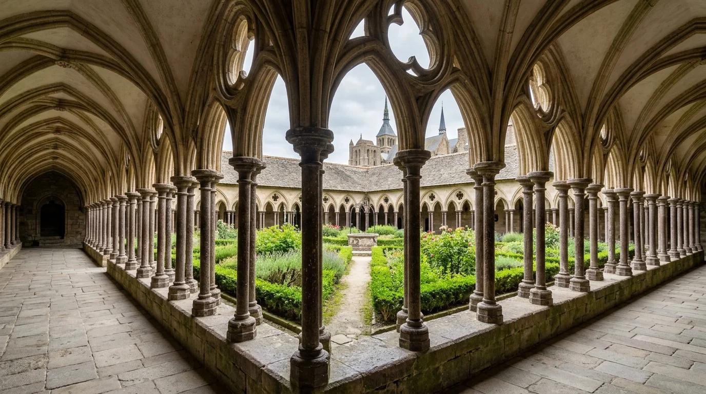 Le cloître gothique de l'abbaye du Mont-Saint-Michel et son jardin central