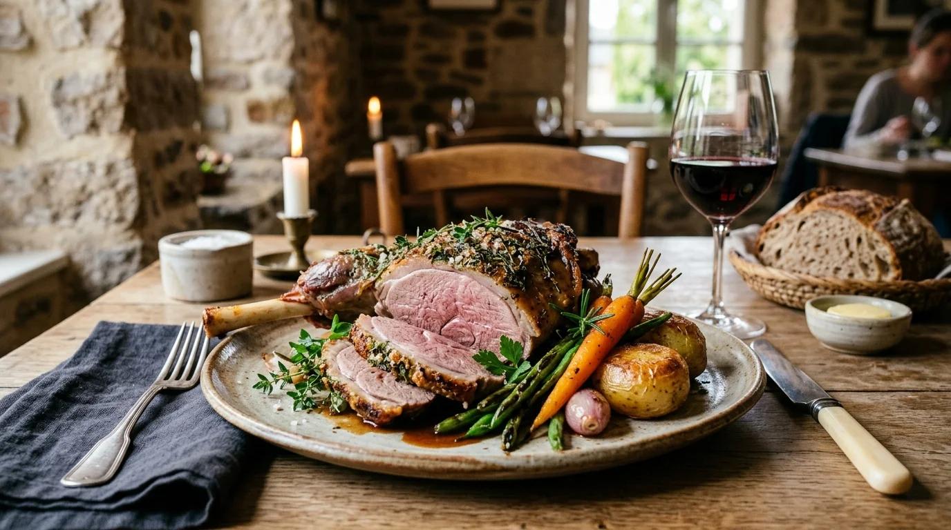 Gigot d'agneau de pré-salé rôti servi avec des légumes, gastronomie du Mont-Saint-Michel