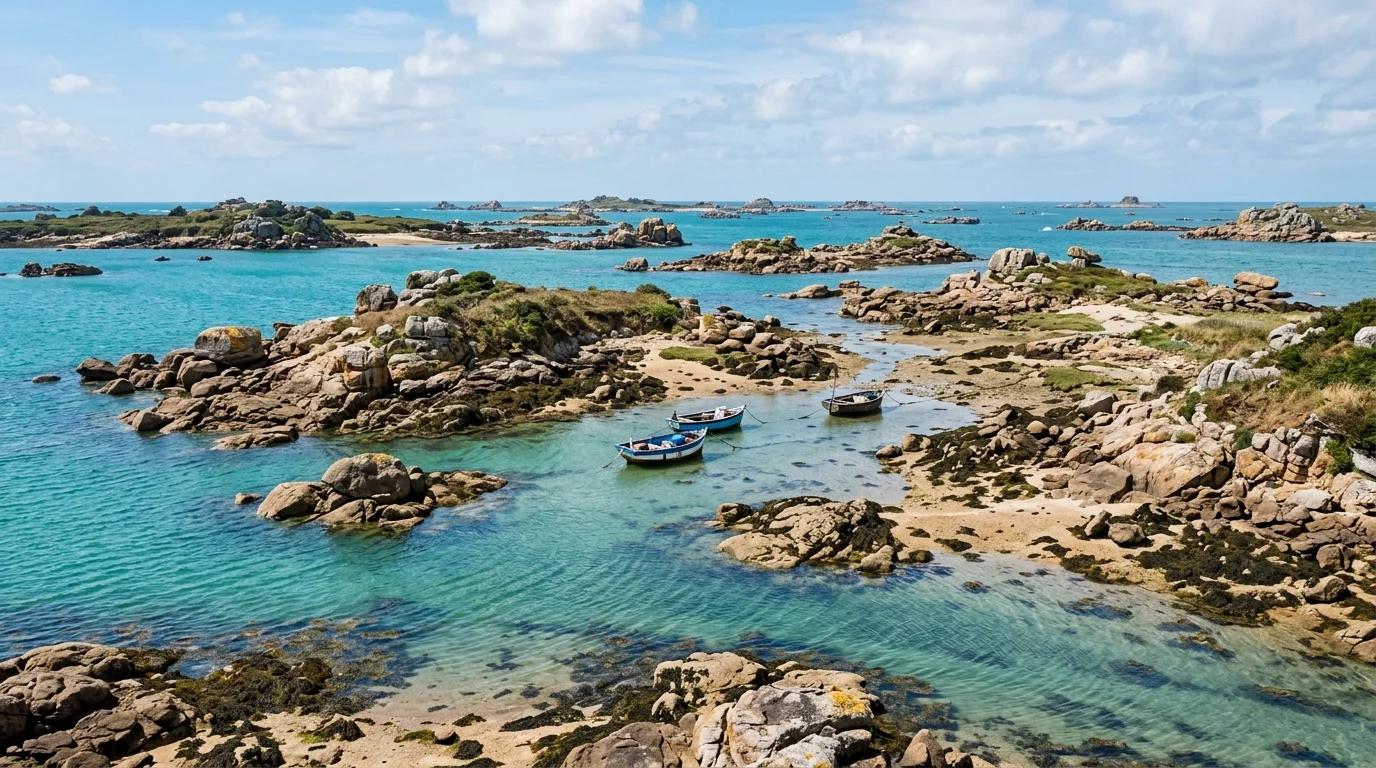 Eaux turquoise et îlots de granit de l'archipel de Chausey à marée basse