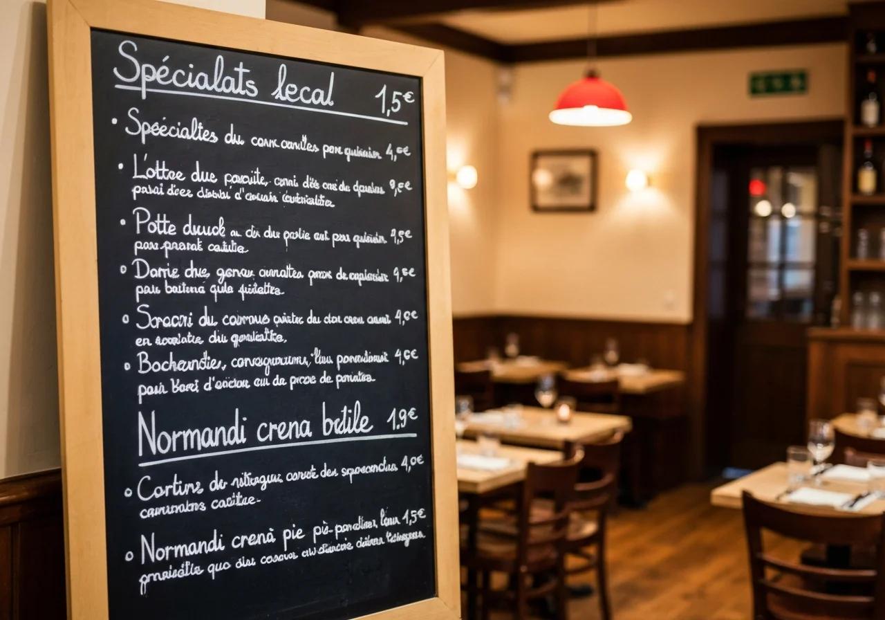 Ardoise du marché d'un restaurant normand listant les spécialités locales : agneau, moules, huîtres, homard