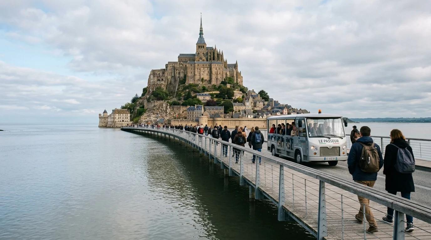 La passerelle d'accès et la navette Le Passeur menant au Mont-Saint-Michel
